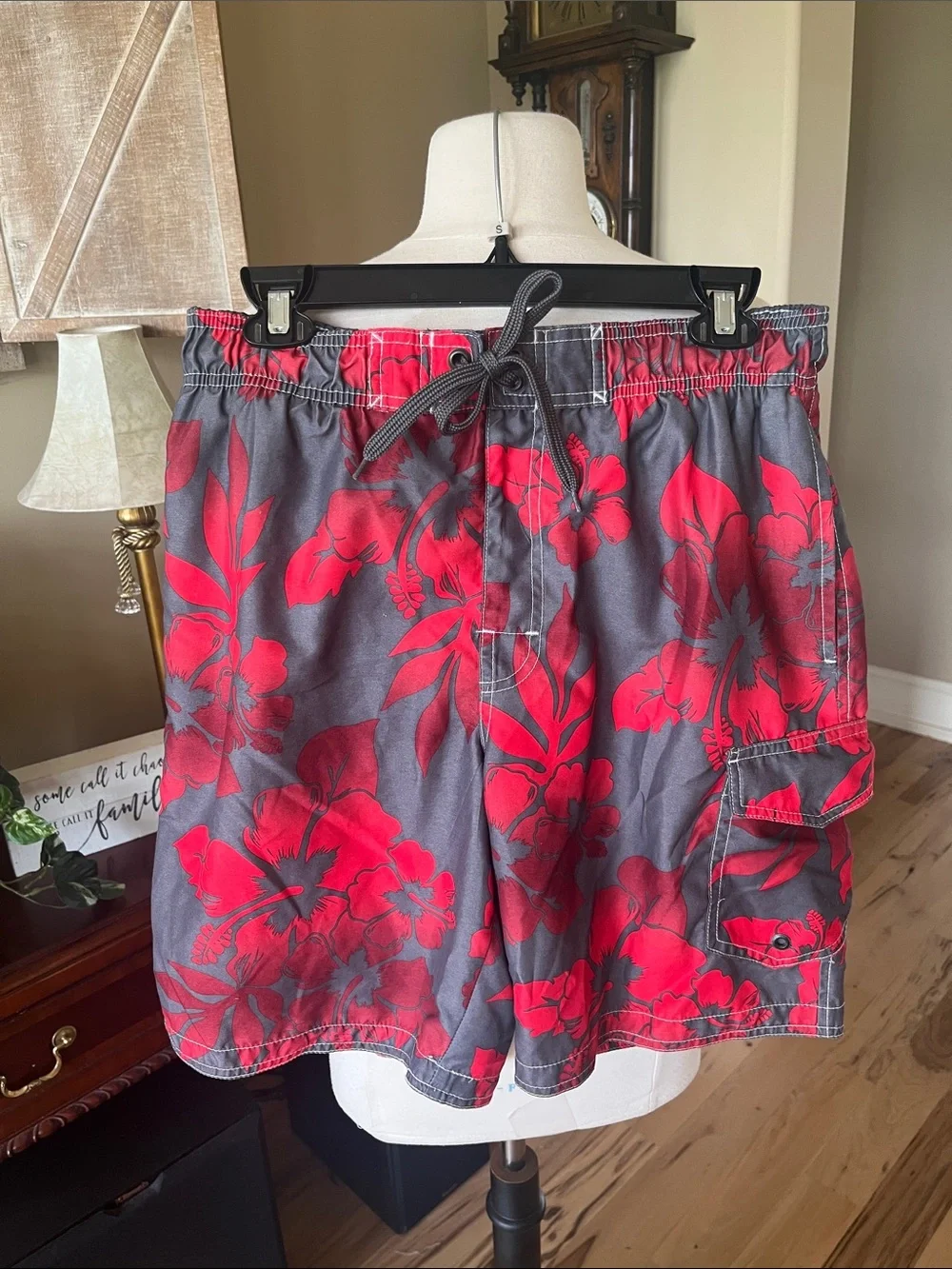 Sonoma Red Floral on Gray Men's Swim Trunks